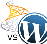 SharePoint- og WordPress-logoerne med “vs” imellem.