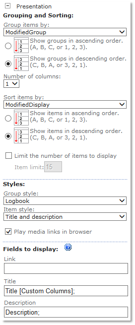 Afsnittet Presentation: gruppering efter ModifiedGroup, sortering efter ModifiedDisplay og gruppestilen Logbook.