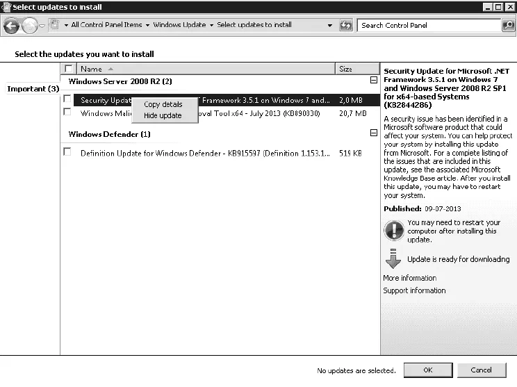 Windows Update med KB2844286 markeret og genvejsmenuen, hvor Hide update skjuler opdateringen.