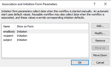 De tre startparametre på 2010-workflowen.