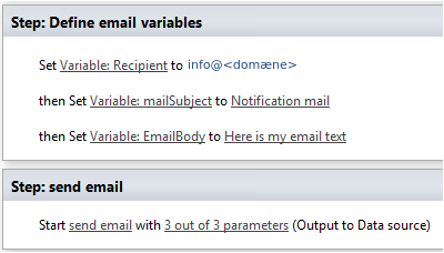 De to trin i 2013-workflowen: variablerne sættes, og send email startes med alle tre parametre.