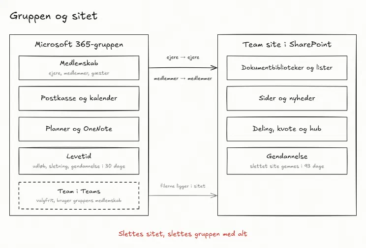 Tegning af en Microsoft 365-gruppe og dens SharePoint-team site. Gruppen ejer medlemskab med ejere, medlemmer og gæster, postkasse og kalender, Planner og OneNote, et eventuelt team og levetiden med udløb, sletning og gendannelse i 30 dage. Sitet ejer dokumentbiblioteker og lister, sider og nyheder, deling, kvote og hub samt gendannelse, hvor et slettet site gemmes i 93 dage. Gruppens ejere og medlemmer bliver ejere og medlemmer af sitet. Slettes sitet, slettes gruppen med alt.